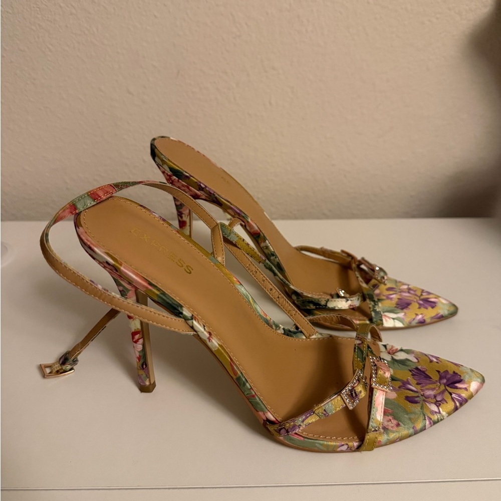 Express Floral Pointed Toe Strappy Rhinestone Heeled Sandals Size 8 - Picture 5 of 9